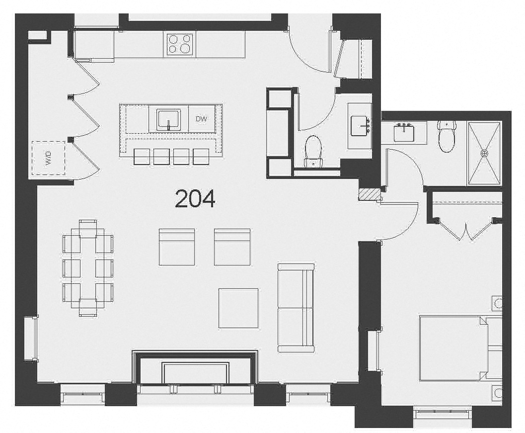 Floor plan for 1 bed, 2 baths, 921 sqft